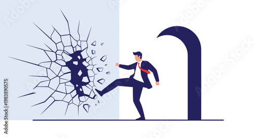Determined businessman in dark suit kicking through a cracked blue wall representing breaking barriers and overcoming obstacles to reach success.