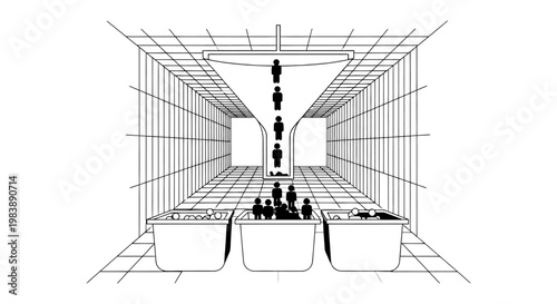 people flowing through a funnel system illustrating a selection process for human resources career paths or societal challenges.