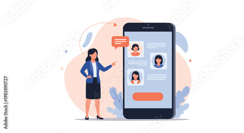 Professional businesswoman pointing at user profile avatars on a large smartphone screen illustrating social media marketing and recruitment.
