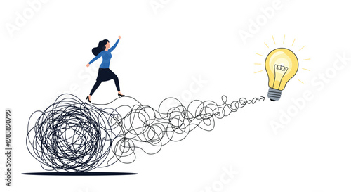 Ambitious woman walking along a tangled line that straightens into an arrow pointing towards a bright light bulb symbolizing creative ideas.