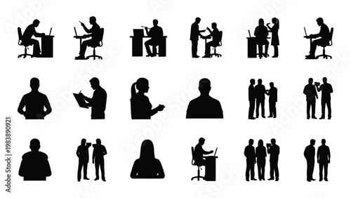 A collection of minimalist black silhouettes depicting people in various office and meeting scenarios high quality