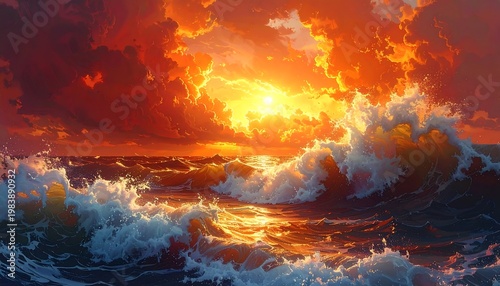 Vibrant orange sunset over turbulent ocean waves