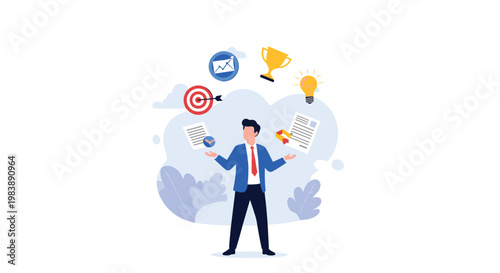Versatile businessman juggling various colorful business icons including a target trophy chart and light bulb illustrating multitasking skills.
