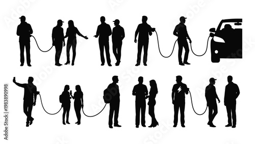 A collection of black silhouette figures depicting people towing or connecting with ropes and a vehicle