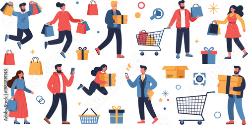 Happy Diverse People Shopping with Bags, Gifts, and Carts, Flat Vector Illustration Set of Excited Men and Women Enjoying Retail and Consumer Lifestyle
