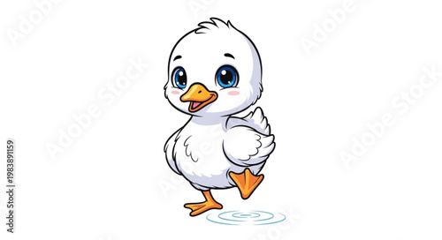 Cute cartoon duckling walking with big eyes.