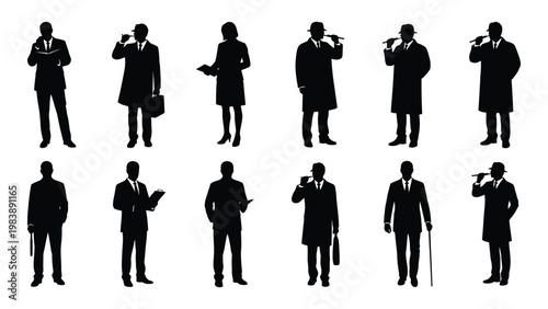 A collection of twelve silhouetted figures primarily men in suits and hats standing in various poses