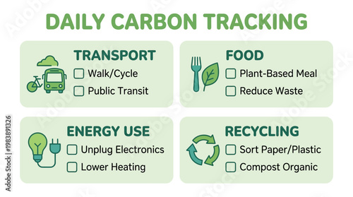 An infographic illustrating daily carbon tracking with categories for transport, food, energy use, and recycling, promoting sustainable habits.