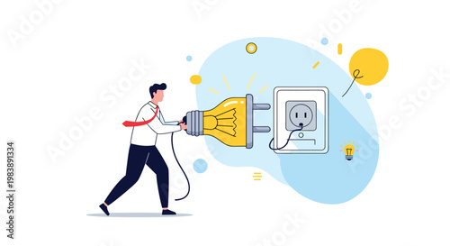 Determined businessman in white shirt and red tie plugging a giant light bulb into a wall socket representing powering up new creative ideas.