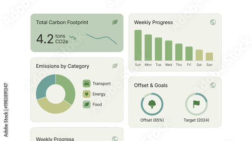 A digital dashboard displaying environmental metrics like carbon footprint, weekly progress, emissions by category, and offset goals.