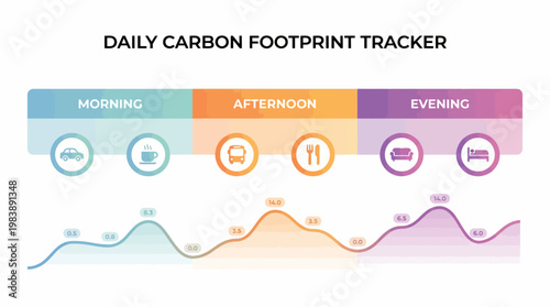 Daily carbon footprint tracker infographic showing activities and corresponding emission levels throughout morning, afternoon, and evening.