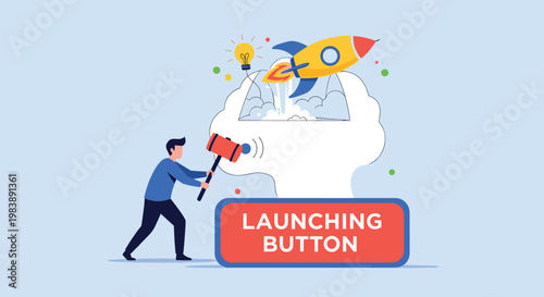 Creative man uses a hammer to hit a launch button and release a rocket from a human brain, depicting startup concepts.