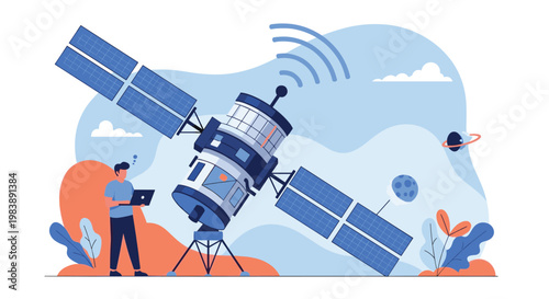 Researcher using a laptop to monitor a large satellite antenna for telecommunications, internet connection, and space exploration technology.