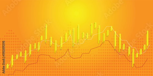 Financial market data visualization with yellow candlestick chart and line graphs on an orange background, representing stock trends and economic analysis.