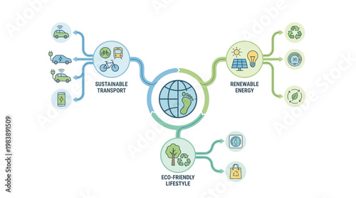 Detailed infographic illustrating global environmental sustainability concepts, featuring sustainable transport, renewable energy, and eco-friendly lifestyle solutions.