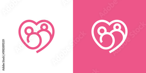 Dual meaning logo combining love and mom elements, symbolizing care, affection, nurturing, unconditional love, and the deep emotional bond between a mother and family.