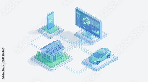 Isometric illustration of interconnected smart devices, house, and car representing a smart home or IoT network.