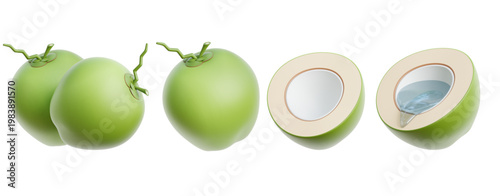 Fresh green coconuts, one whole and one halved, revealing refreshing water inside