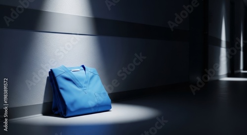 Blue medical scrubs leaned against a sterile clinic wall within a long shadowy hallway during a late night shift, showing quiet exhaustion, hospital, shadows, indoor