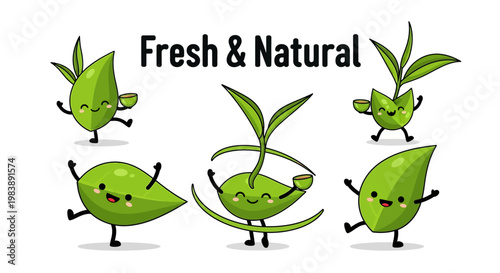 Cute Green Tea Leaves Characters Enjoying Fresh and Natural Beverages with a Playful and Lively Demeanor