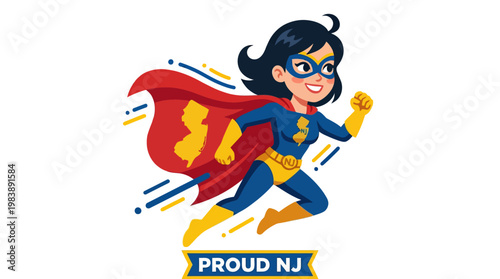 Superwoman with Proud NJ emblem, celebrating state pride with a powerful superhero illustration