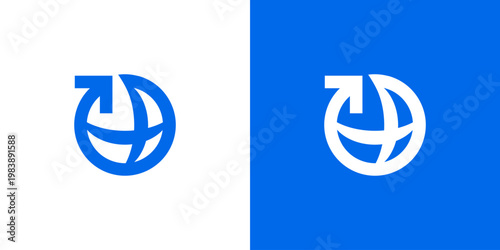 Dual meaning logo combining global and arrow elements, symbolizing worldwide direction, expansion, progress, and forward-moving global connectivity and innovation