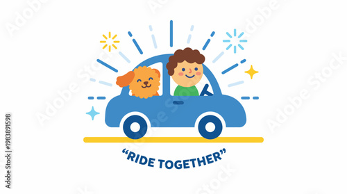 Cute cartoon illustration of a boy and dog enjoying a car ride together, symbolizing companionship and shared adventures on the road
