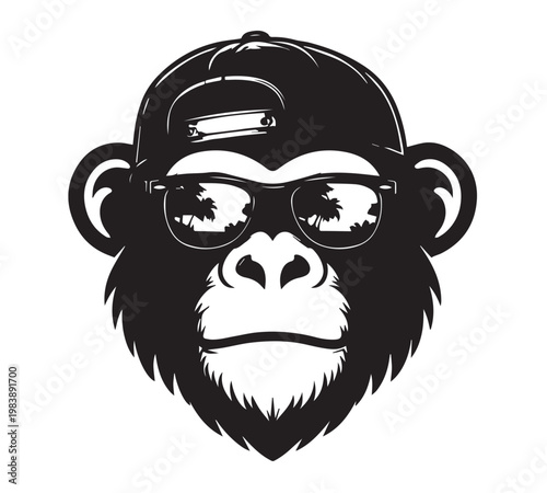 Cool monkey head wearing sunglasses and snapback hat, black and white chimpanzee vector illustration, urban streetwear ape mascot logo