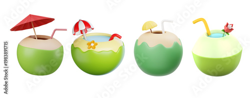 Tropical Coconut Drinks with Straws and Umbrellas for a Refreshing Summer Beverage Experience