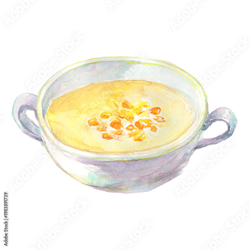 Watercolor illustration of corn soup on transparent background