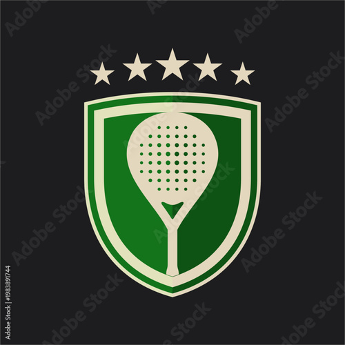 Illustration vector of padel logo featuring padel racket inside shield with five stars decorating the top suitable for premium elegant luxury professional padel club design isolated on dark background
