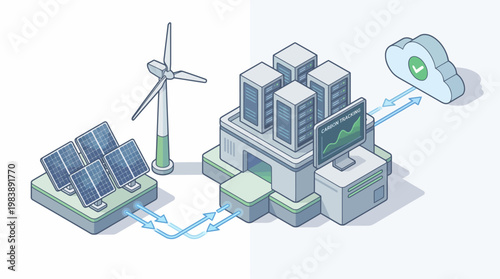 Isometric illustration of a data center powered by solar panels and a wind turbine, connected to cloud services, symbolizing green technology and sustainable energy solutions.