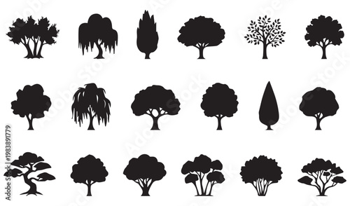 Black tree silhouettes set, 18 forest and garden plant icons, minimalist nature vector elements for landscape design and architectural mapping