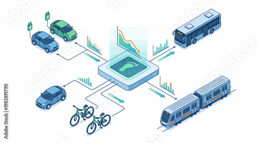 Isometric illustration showing various modes of transport connected to a central unit calculating carbon footprint and analyzing environmental data.