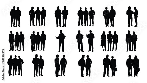 Collection of diverse silhouetted figures mostly business people arranged in various group configurations high quality professional
