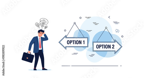 Worried businessman carrying a briefcase while standing between two directional signs for option one and option two in a career choice.