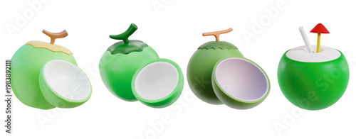 Group of fresh, healthy green coconuts, some whole and some halved, with one prepared for drinking with a straw