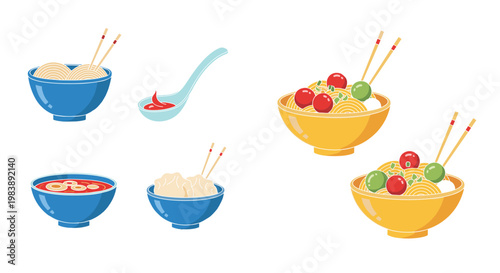 Asian noodle bowls collection with ramen soup dumplings and chopsticks isolated on transparent background food vector illustration set