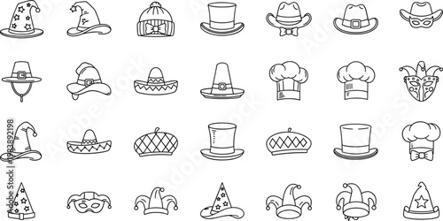 Various hats line icons collection with sombrero chef hat wizard cap and festive headwear isolated on transparent background vector illustration set