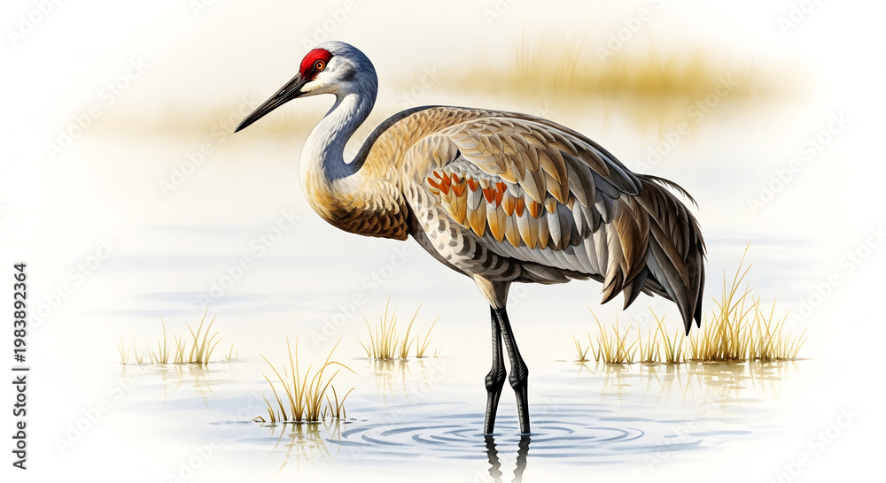 Fototapeta premium Sandhill crane bird with red crown standing in shallow water with reeds wildlife nature