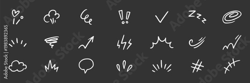 Line element effect hand drawn set. Hand drawn brush sketch line element icon arrow motion comic effect. Cute cartoon emoji emotion star, sparkle manga cloud movement. Vector illustration