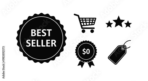 Black silhouettes of shopping icons and badges a best seller silhouette