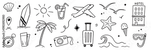 Summer beach icon element set. Hand drawn doodle sketch with sun, sea, travel vacation holiday trip. Cute beach icon elements with sunglasses umbrella palm camera suitcase. Vector illustration