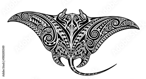 A stylized illustration of a large manta ray with tribal patterns swims.