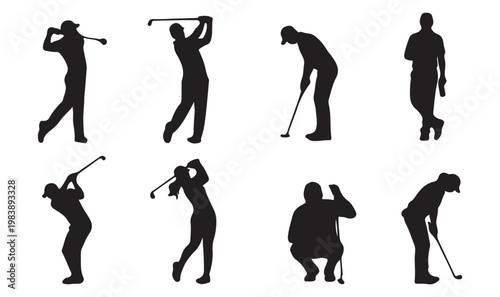 Golf player silhouettes set, professional golfers swinging and putting vector icons, male and female athletes in action poses for sports design