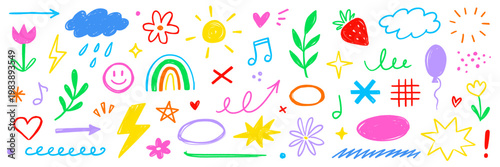 Crayon line pencil kid color icon set. Hand drawn crayon pastel color brush paint chalk line scribble texture. Cute kid children rainbow heart star sun cloud flower butterfly. Vector illustration
