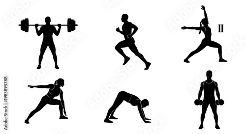 fitness silhouettes of people performing various exercises like weightlifting and yoga