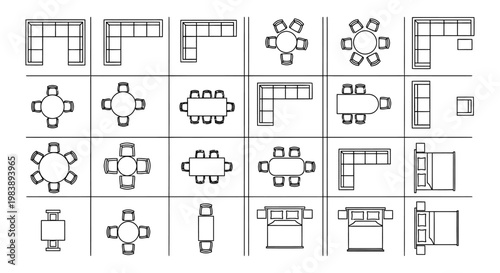 top view of different furniture arrangements for living rooms and dining areas