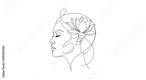 elegant line art drawing of a womans profile with a lotus flower