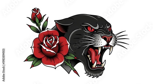 Panther head with red eyes attacks near a blooming red rose bush